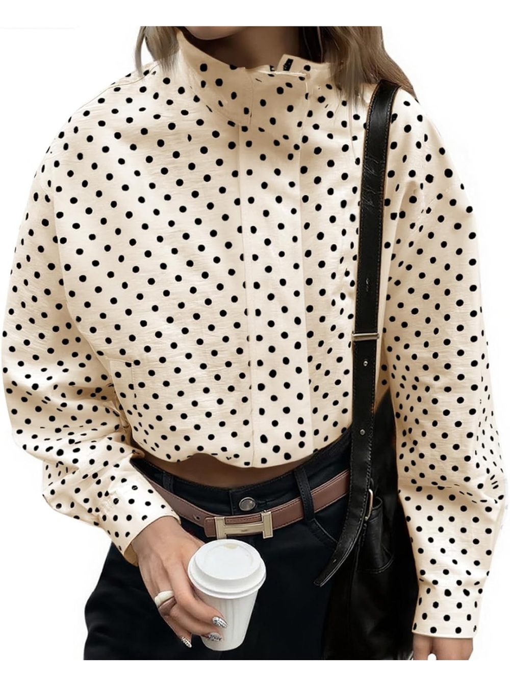 Cream Polka Dot Button-Down Shirt Jacket